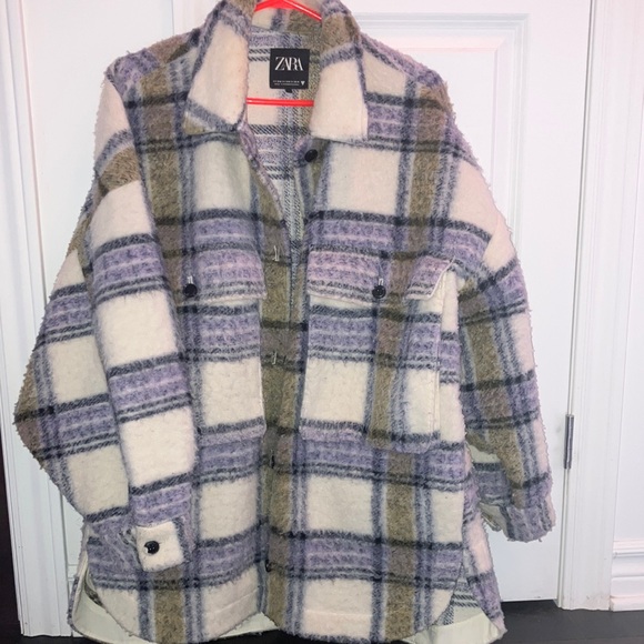 Plaid Women's Jacket in Cream and Blue | Shacket - Picture 2 of 11